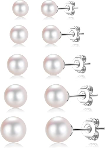 5 Pairs Pearl Earrings for Women Hypoallergenic Ball Studs Earrings Set Women 316L Surgical Steel Silver Pearl Earrings Birthday Valentines Day Gifts