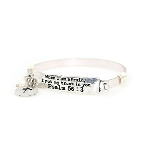 Image of inchWhen I am Afraid, I Put My Trust in You inch Psalm 56:3 Handmade Beautiful Christian Bangle Bracelet with Wire Design and Cross Punch Out Charm and Bead