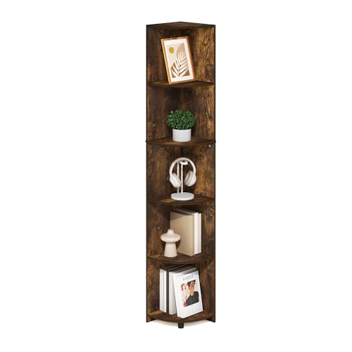 Image of Furinno ECON Corner Shelf, 5-Tier Corner Book Shelf, Storage Shelves, Display Rack, Bookshelf, for Organization and Storage, Living Room, Home Office, Amber Pine