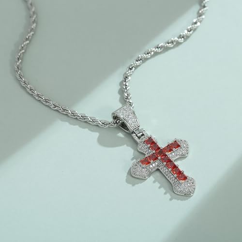 Silver Cross Necklace for Men with Red Crystal Inlay, Hypoallergenic Silver Necklace for Men, Fade-Resistant, Stylish Gift for Men