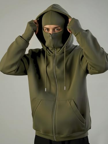 Image of ADRO Men Balaclava Hoodies | 320 GSM Soft Cotton Zipper Hoodie | Thumb-Hole Cuff Gloves | Travel Jacket with Hood | Winter Sweatshirt