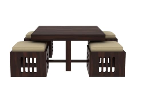 Image of RECTART Solid Sheesham Wood Coffee Table with 4 Stools | Center Table for Living Room with Cushioned Stools | Teapoy for Living Room | Walnut Finish