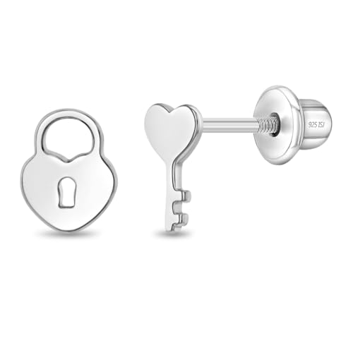 925 Sterling Silver Loving Heart Lock and Key Safety Screw Back Earrings For Little Girls - Children's Heart Themed Jewelry For Everyday Wear - Heart Jewelry For Girls