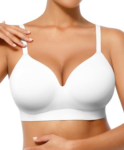 FeelinGirl Wireless Supportive Bra for Women, Seamless Comfort Bralettes No Underwire Full Coverage Everyday Bras White