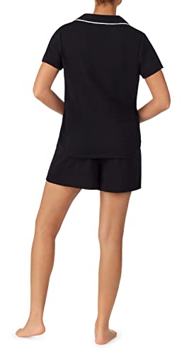 Jones New York Women's Short Sleeve Notch Collar Top And Boxer Short Pajama Set - Large Black #TOP3