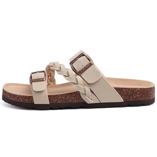 Image of KIDMI Women's Cork Footbed Sandals with Arch Support Comfortable Slip-On Slide Sandals With Adjustable Buckle for Summer