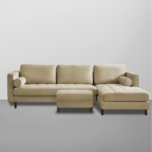Image of Lezra RHS 4 Seater L Shape Sofa Set with Center Table for Living Room (Cream Fabric) Premium Fabric Sofa