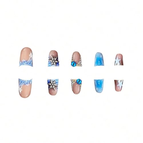 Image of Blue Duck Nail Press ons Star Fake Nails Water Drop with Design Spindrift Glue on Nails French Tip Press on Nails Glossy Artificial Acrylic Nail Eye Rhinestone Stick on Nail for Women Manicure 24Pcs