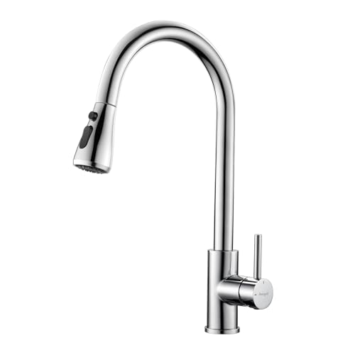 Ibergrif M22136 Rubinetto da Cucina Monocomando in Acciaio Inossidabile con Doccetta Estraibile, Beccuccio Girevole a 360° e Risparmio Idrico, Alta Pressione, Adatto per Lavello Cucina, 3/8 Pollici