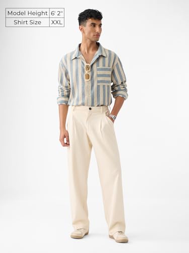 Image of The Souled Store Cotton Linen Stripes: Ashen Men and Boys Long Sleeve Spread Collar Button Front Green Striped Regular Fit Easy to Dress Officewear Casual Cotton Linen Shirts