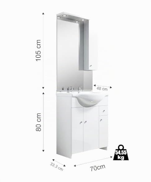 .Deftrans Domodomo Badschrank mit Waschbecken und Spiegel weiß 105 cm, Waschbeckenschrank 80 x 70 x 48 cm, Keramik-Waschbecken-Set, Badmöbel-Set