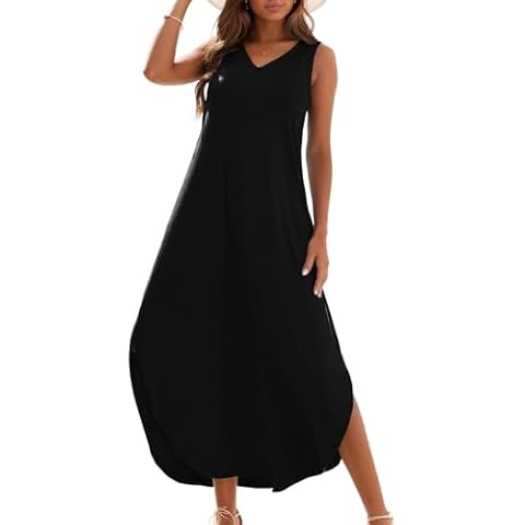 Zilcremo Women's Summer Casual Loose Sundress Long Dress Sleeveless V Neck Split Tshirt Maxi Dresses Black S Cover