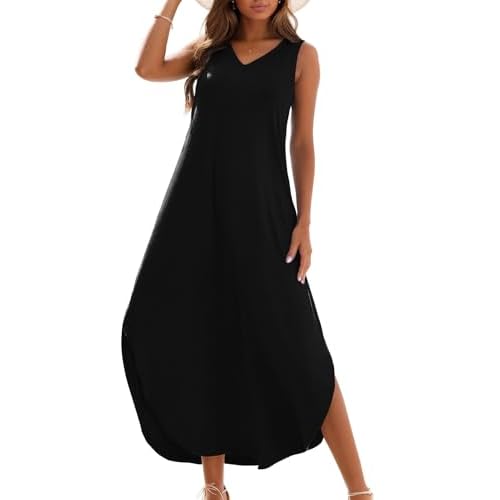 Zilcremo Women's Summer Casual Loose Sundress Long Dress Sleeveless V Neck Split Tshirt Maxi Dresses Small Black