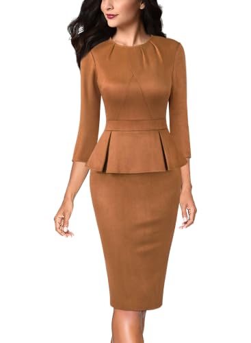 Image of VFSHOW Womens Pleated Crew Neck Peplum Slim Work Business Bodycon Dress | 3 /4 Sleeves, Professional Elegant Church, Funeral, Spring Fall, Fitted Office Pencil Sheath Dress
