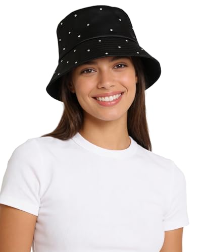 Women Bling Bucket Hat Silky Satin Shiny Rhinestone Bucket Sun Hat Packable Summer Outdoor Fishing Caps for Travel Beach Black
