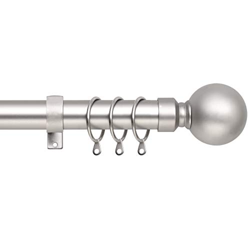Image of Plain Metal Ball Extendable Curtain Pole. Includes Pair Of Superior 60mm Size Finials, Rings, Brackets & Fittings Set. (Satin Nickel, 160cm - 300cm, 63 Inch to 118 Inch)