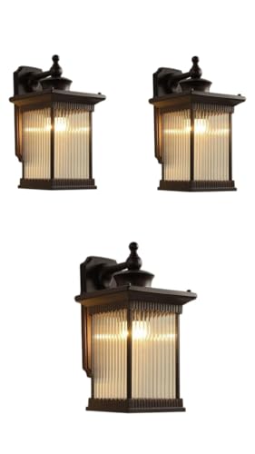 Image of Outdoor Wall Lantern Light, Black Finish, Ribbed Glass Shade and Black Hanging & Gate Light (Half Wall, 1) (Half LAMP, 3)