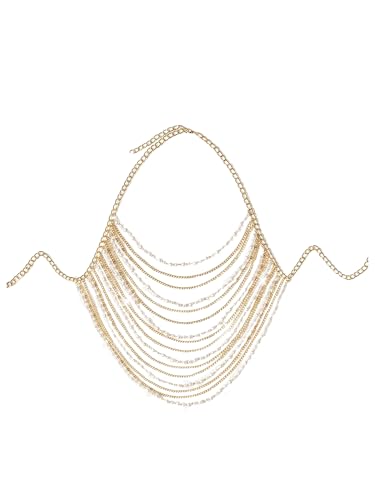 WDIRARA Women's Pearl Beaded Chain Halter Top Sleeveless Backless Bikini Cover Up Tops