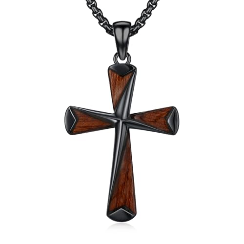 MEDWISE Wooden Cross Necklace Black for Men S925 Sterling Silver Real Natural Ebony Wood Cross Pendant Cross Necklaces Protection Black Jewelry for Men Women Father Husband Friend Birthday Gifts