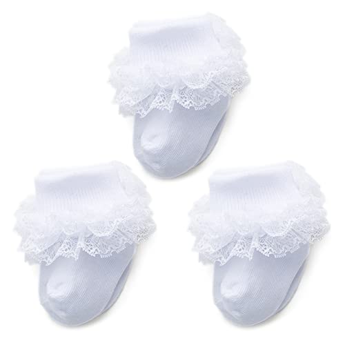 Image of Baby Girl Socks Eyelet Triple Lace Ruffle Socks Turn Cuff Socks 2/3/5 Pairs Ankle Dress Sock for Newborn Infant Toddler