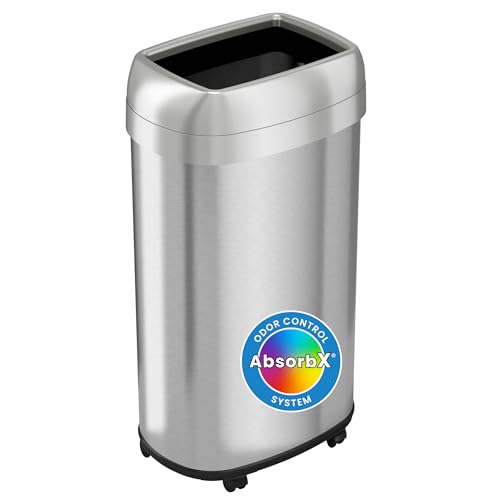 Image of iTouchless 16 Gallon Open Top Kitchen Trash Can Recycling Bin with Wheels and Double Odor Filters Oval Commercial Stainless Steel 60 Liter Trashcan for Home Office Work Bedroom Livingroom Garage