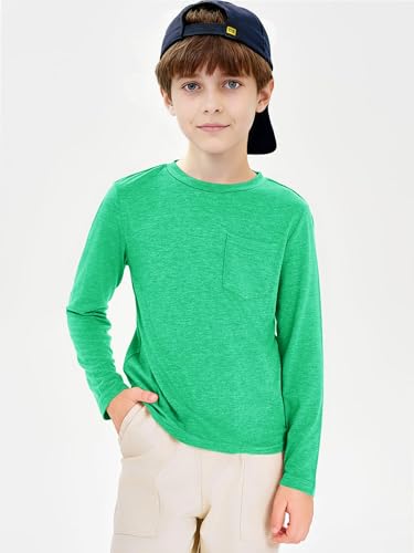 Image of Boys Long Sleeve Shirt Crewneck Solid Color Casual Top with Chest Pocket for Kids 5-14 Years