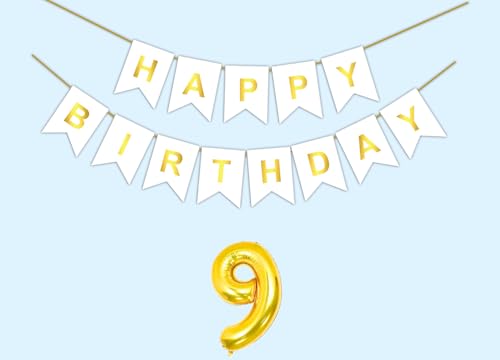 Image of 9th Happy Birthday Decoration Kit White for 9 year Old Boys Girls Kids with Number Nine Party Decorations Decor Celebration Items Item Set Combo Reusable Paper Banner