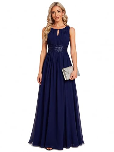 Image of Ever-Pretty Women's Chiffon Sleeveles Summer Formal Wedding Guest Dresses Ruched A Line Hollow Out Crew Neck Bridesmaid Dress