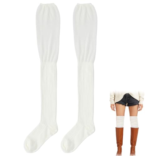 Over Knee Socks for Women, Slouch Top Knit Thigh High White Socks, Knee High Socks for Boots Casual Long Boot Stockings, Beige
