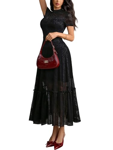 GothDark Womens Lace Floral Short Sleeve Elegant Bodycon Party Midi Dress