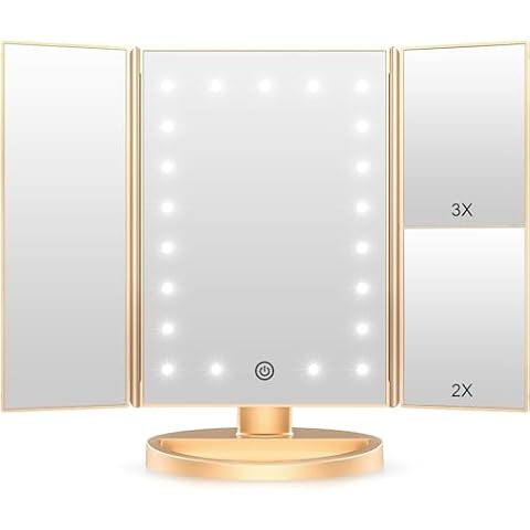 WEILY Lighted Vanity Makeup Mirror 1x/2x/3x Magnification Trifold with 21 LED Lights Touch Screen and USB Charging, 180 Degree Adjustable Stand for Countertop Cosmetic Makeup Mirror(Gold) Cover
