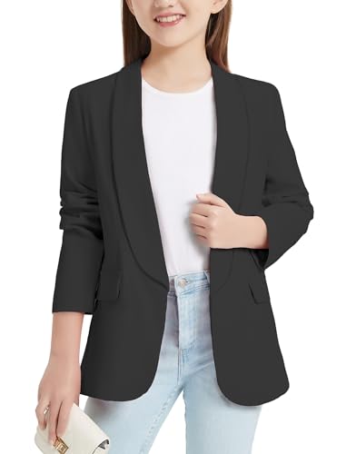 EXARUS Girls Blazer Jacket Teen Suit Long Sleeve Shawl Collar Formal Blazers Open Front Inner Pocket for Kids 6-12 Year