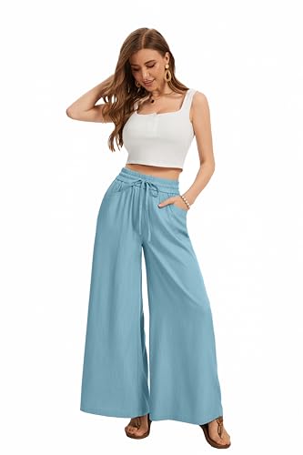 Image of KICZOY Women Flowy Pants Drawstring Waist Wide Leg Palazzo Beach Pants Loose Fit with Pockets