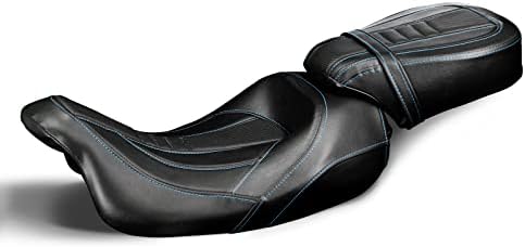 Low-Profile Rider Pillion Passenger Seat Motorcycle Seats for Harley Touring 2009-2022 Road King Road Glide Street Glide [Two Peice Driver & Passenger Seat, Blue Stitching]