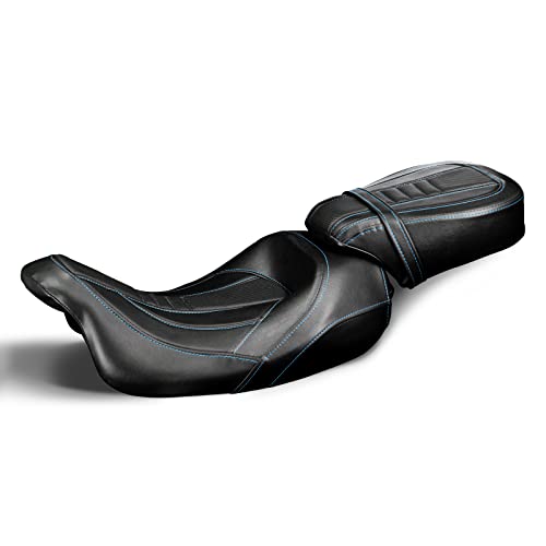 Low-Profile Rider Pillion Passenger Seat Motorcycle Seats For Harley Touring 2009-2022 Road King Road Glide Street Glide [Two Peice Driver & Passenger Seat, Blue Stitching] #TOP3