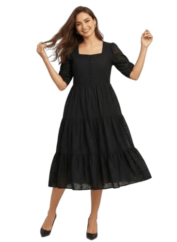 Image of Her Couture Cotton Midi Schiffli Embroidered Dress with Attached Belt