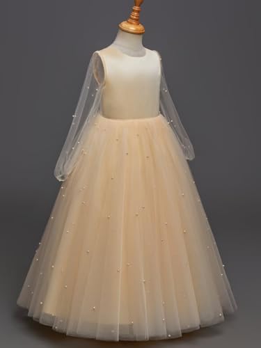 Elegant Pearls Tulle Flower Girl Dresses for Wedding Fancy Long Princess First Communion Dress Pageant Party Ball Gown3