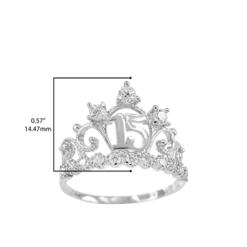 10K White Gold White Cubic Zirconia Studded Tiara Crown Sweet 15 Años Milgrain Quinceanera Statement Ring3