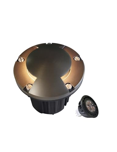 MALORY Brass Top Cover Landscape Well Lights,(5''H) 12V Low Voltage Outdoor In Ground Lights,Landscape Lighting for Pathway, Driveway and Garden (Two-Direction Turret, 1-Pack with Bulb)