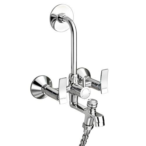 Image of Plantex Pure Brass 3-in-1 Wall Mixer with L-Bend Provision for Overhead and Hand Shower /Bathroom Mixer Tap with Brass Wall Flange & Teflon Tape /Wall Mixer for Bathroom - (Star, Chrome)