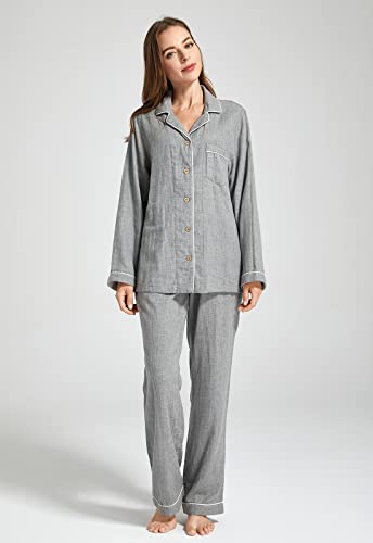 Image of Women's Pajama Set 100% Double Gauze Cotton Linen Like Super Soft Comfy Button Down Sleepwear (Long Sleeve, Medium Grey, Extra Large)
