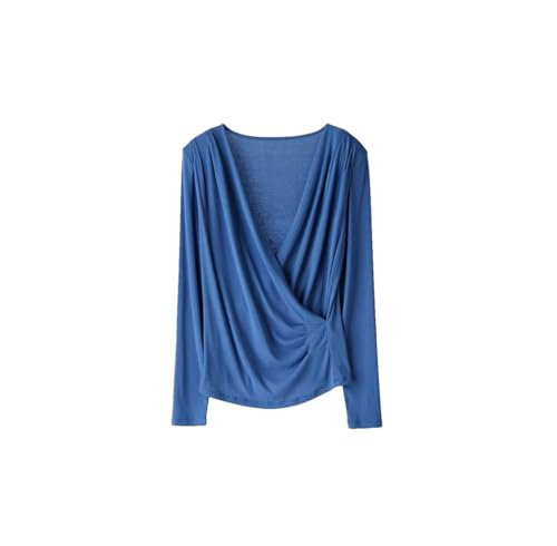 T-shirt basique en soie mélangée manches longues top col V respirant femme