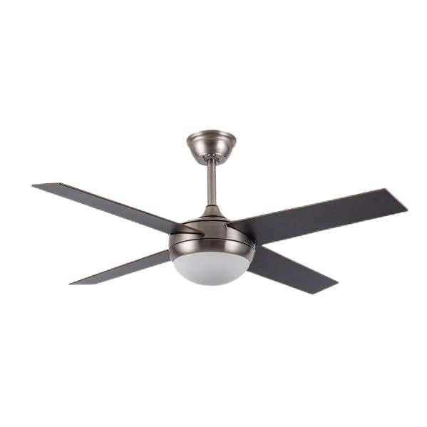 Brightium Ventilador DC 4 aspas, diámetro 35/45 cm, mando a distancia, temporizador, acabado níquel y madera, ideal para refrescar espacios y decorar.