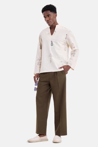 Image of SNITCH Men Trousers Holiday & Casual Wear | Relaxed Fit Pleated Front & Straight Leg Design | Breathable Cotton Linen Blend Fabric for Summer & Vacation Outings