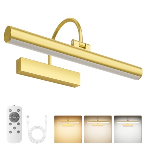 Bridika Picture Light for Wall with Remote, Rechargeable Battery Operated Picture Light, 3 Color Modes and Dimmable Classic Art Lights for Paintings, Gallery, Bedroom, Bathroom with Timer Gold 1