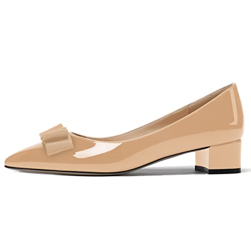 MODENCOCO Women's Bow Slip On Patent Pointed Toe Chunky Low Heel Pumps Cute Office Work Dress Shoes 1.5 Inch2