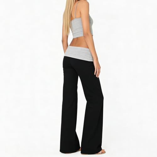 Image of Lounge Yoga Pants for Women Fold Over Low Waist Wide Leg Bell Bottoms | Y2K Foldover Pants, Flare Leggings, Low Rise Yoga Sweatpants