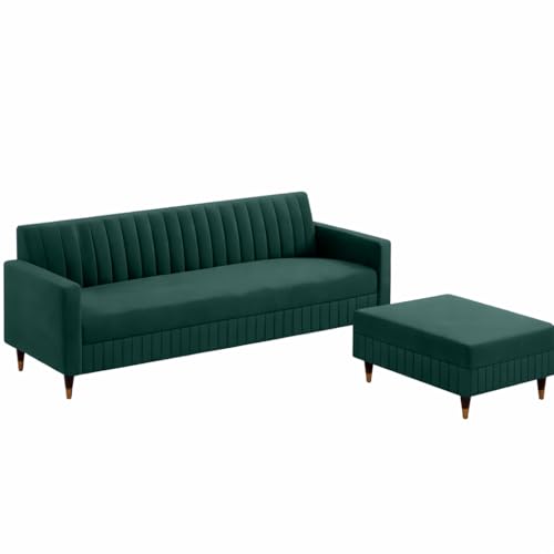Image of AMATA Omega Solid Wood 4seater L Shape Green Suede Velvet Fabric Sofa Set with Four Cushions Perfect for Home Office Guests Living Room (03 Green, Omega L Shape 4 SSEATER)(3 Year Warranty)