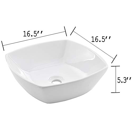 VALISY Modern 16 x 16 Inch Porcelain Ceramic Countertop Small Square Bowl White Bathroom Vessel Sink, Bath Cabinet Vanity Lavatory RV Hand Wash Above Counter Top Basin Sinks - Thumbnail 6