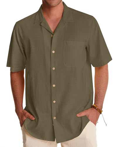 Image of Alimens & Gentle Mens Linen Shirts Cotton Hawaiian Shirts Short Sleeve Button Down Shirts Casual Summer Beach Tops